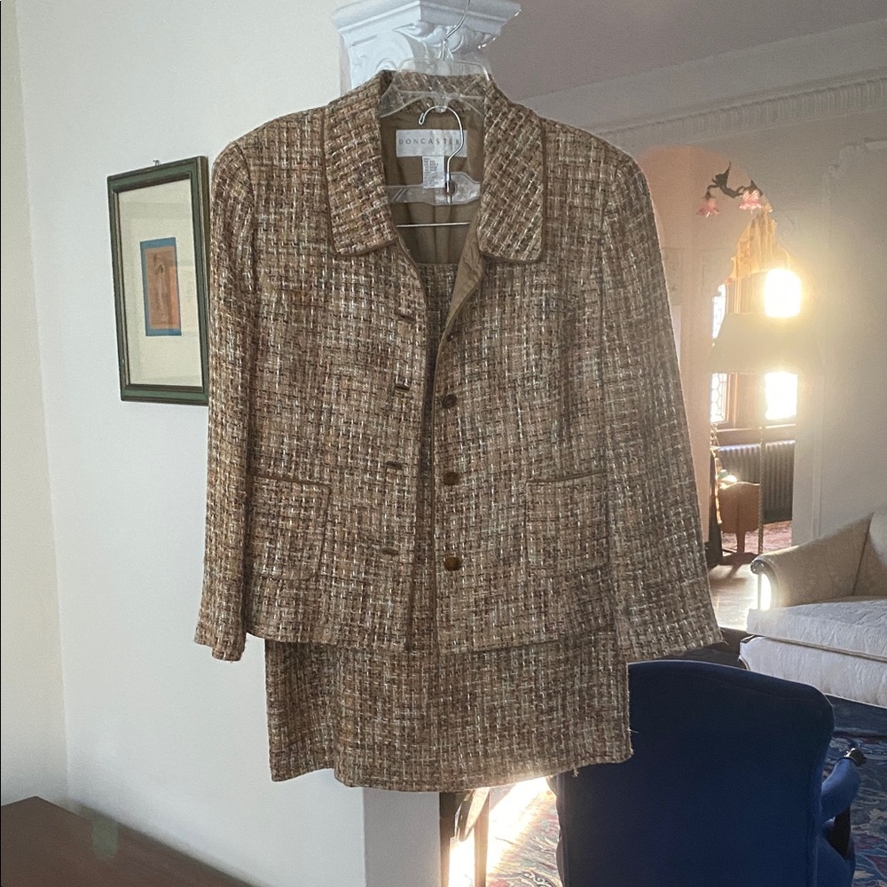 Don Caster Woven Brown Tan & Peach Jacket 12 Faux Tan Leather Trim & Skirt 16